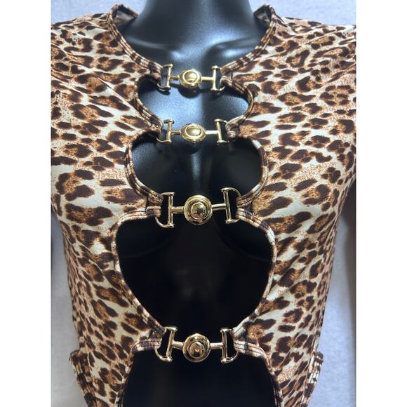 Leopard Animal Print Ring Linked Cut Out Bodysuit S Brown Long Sleeve High Cut - Picture 3 of 7